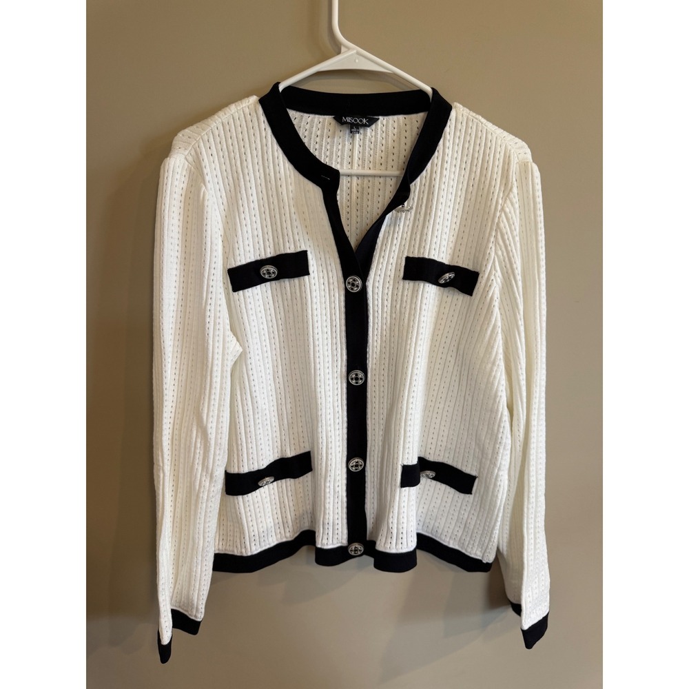 MISOOK Women White Black Trim Knit Cardigan Sweater Top Size L